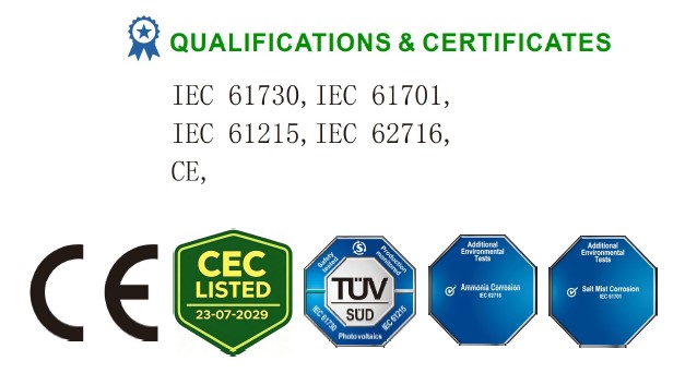 Wallaby solar panel qualifications and certificates including IEC, CE, CEC listed, and TUV SUD marks