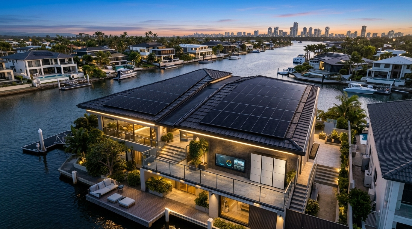 Australian waterfront home with rooftop solar panels