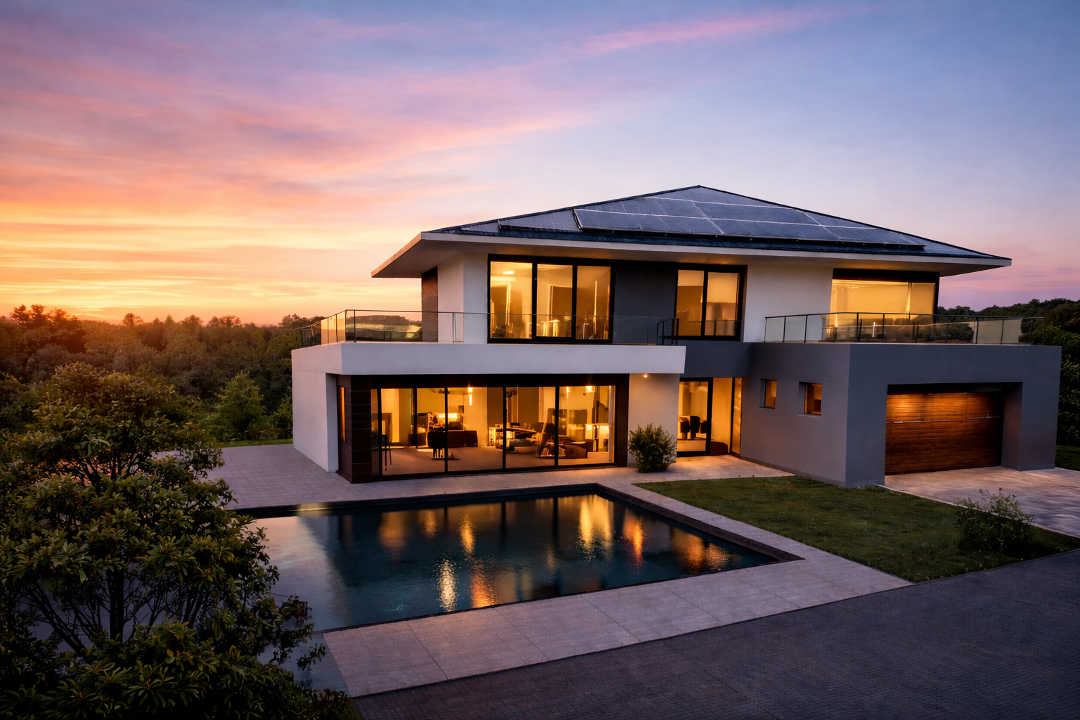 Modern Australian home with rooftop solar panels at sunset