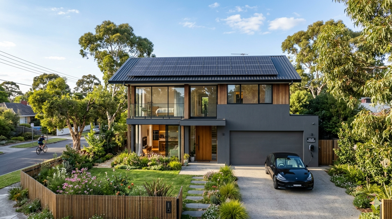 Modern Australian home with solar panels at dusk